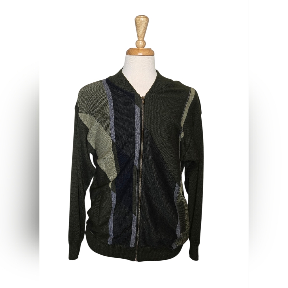 Lanerossi Italian Wool Zip Sweater Jacket Geometric Knit GrandpaCore Size L